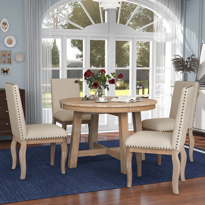 Bellemave 5-Piece Round Dining Table Set, Wood Farmhouse Extendable Dining Table and 4 Upholstered Dining Chairs, Kitchen Dining Table Set for 4 Antique White