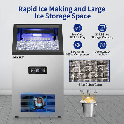 TITTLA 100Lbs/24H Commercial Ice Maker Machine,24 Lbs Storage,45 Ice Cubes in 12-15 Mins,Stainless Steel Ice Maker for Home Bar Cafe
