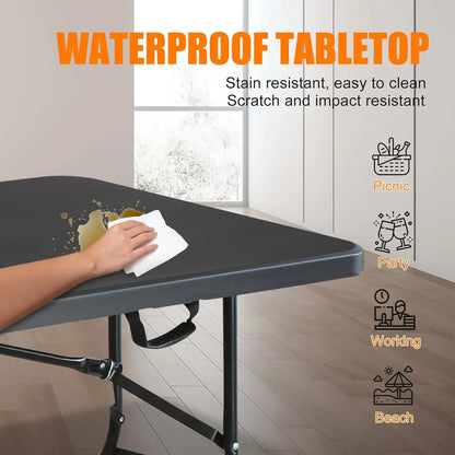 Folding Table with Carry Handle, Portable Fold-in-Half Plastic Table, Rectangle Foldable Table for Indoor