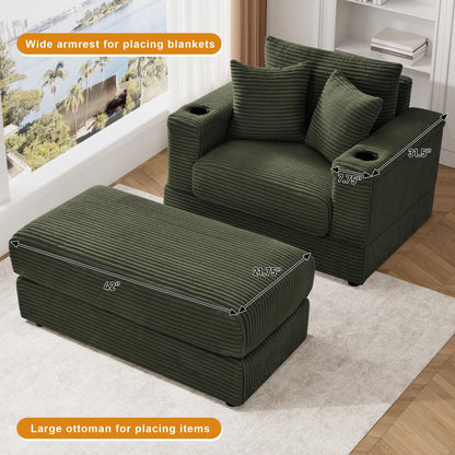 Wiilayok Oversized Lounge Chair Indoor,54" Corduroy Cloud Chaise Lounge Couch Indoor with Ottoman,Cup Holder for Living Room,Bedroom,Beige