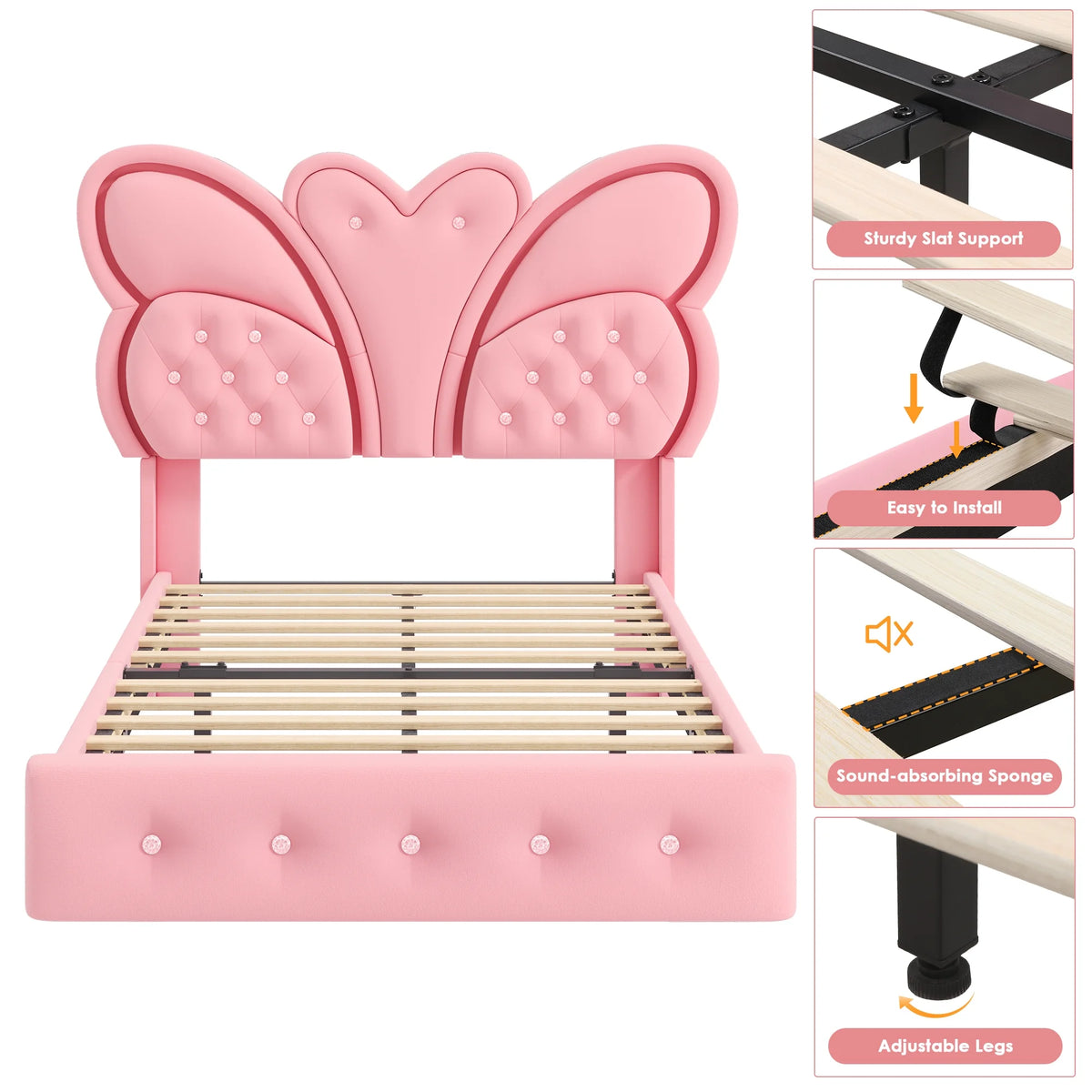 Homfa Twin Size Velvet Upholstered Bed with LED Lights, Floating Platform Bed Frame with Butterfly Crystal Button Tufted Headboard, Pink