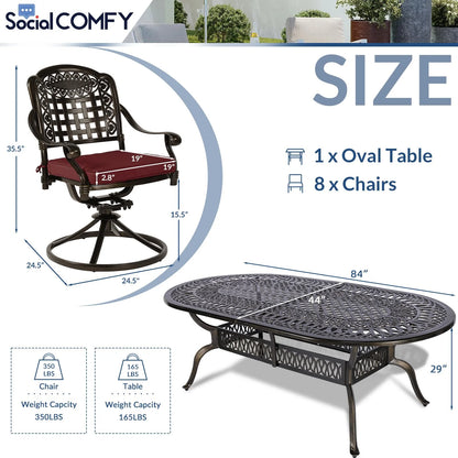 9-Piece Patio Cast Aluminum Dining Set, 8 Person Outdoor Dining Furniture Set, includes 84" Oval Table and 8 Swivel Dining Chairs with Umbrella Hole for Patio Deck Garden, Tan