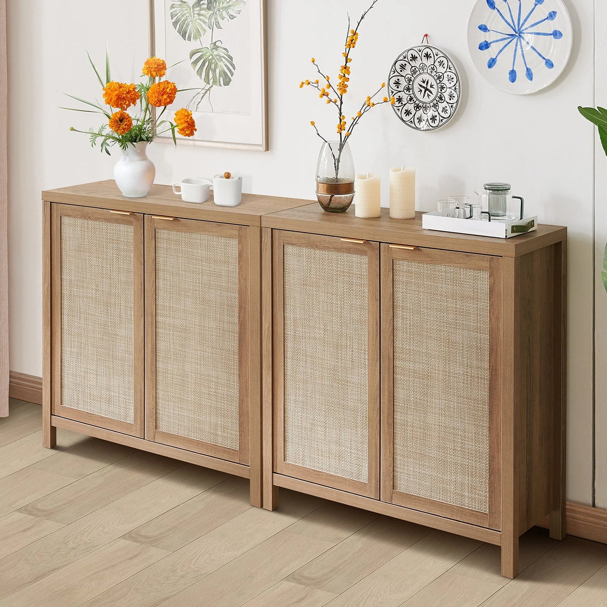 Sanspredet Sideboard Buffet Cabinet Set of 2, Rattan Cabinet with Doors Farmhouse Kitchen Storage Cabinet, Boho Liquor Cabinet Accent Cabinet
