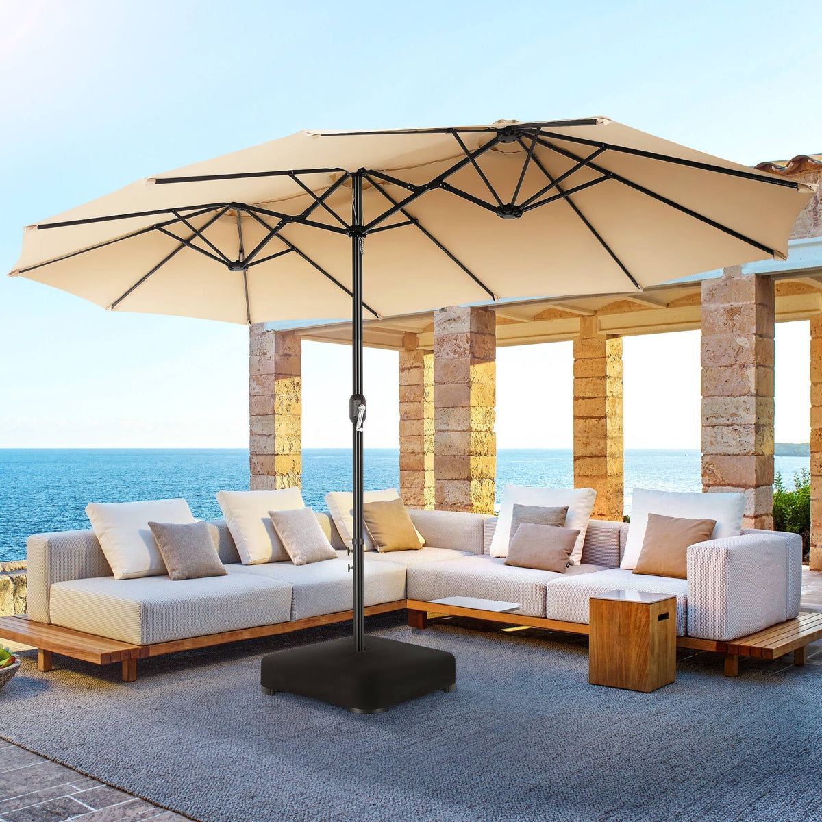 VIBESPARK 15ft Large Outdoor Umbrella Double-Sided Patio Umbrella with Base, Crank Handle, 12 Ribs Rectangular Umbrella for Patio Graden Poolside (Beige)