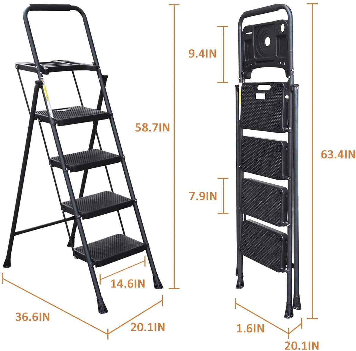 HBTower 4 Step Ladder with Handrails and Tool Bag, Folding Step Stool with Attachable  Anti-Slip Wide Pedal, Black