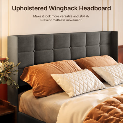 Lofka Lift Up Storage Bed Full Size, Modern Wingback Headboard, No Box Spring Needed, Hydraulic Storage, Dark Grey
