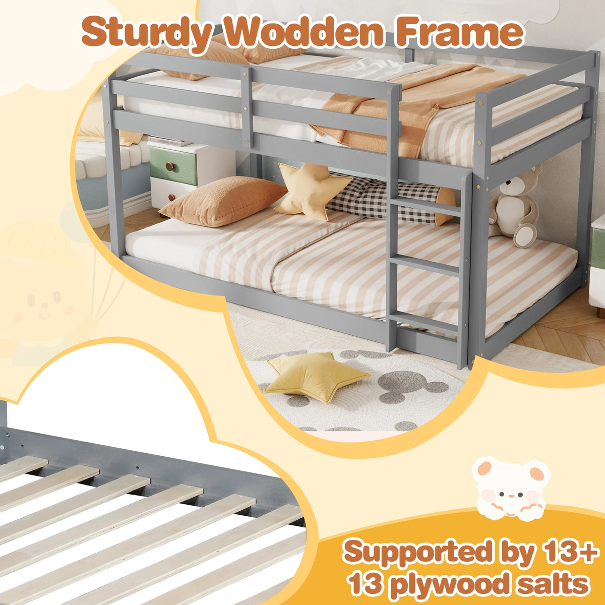 SESSLIFE Bunk Bed Twin Over Twin, Low Floor Bunk Bed with Guard Rails for Dorm, Small Space, No Box Spring Needed(White)