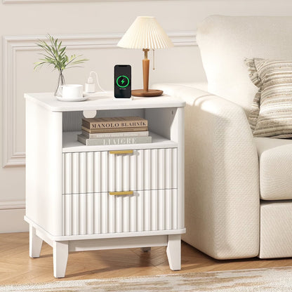 Night Stand with Charger Station, Fluted Nightstand with 2 Drawers and Storage Shelf, Mid Century Modern End Table for Bedroom Living Room,Natural