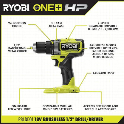 ONE+ HP 18V Brushless Cordless 3-Tool Combo Kit w/Drill/Driver, Impact Driver, 4.0 Ah Battery, Batteries, Charger & Bag