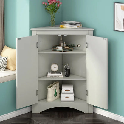 Home Floor Corner Cabinet with Adjustable Shelves and Two Doors, Triangle Bathroom Storage Cabinet, Modern Style Freestanding Floor Cabinet for Kitchen, Living Room and Hall, Oak
