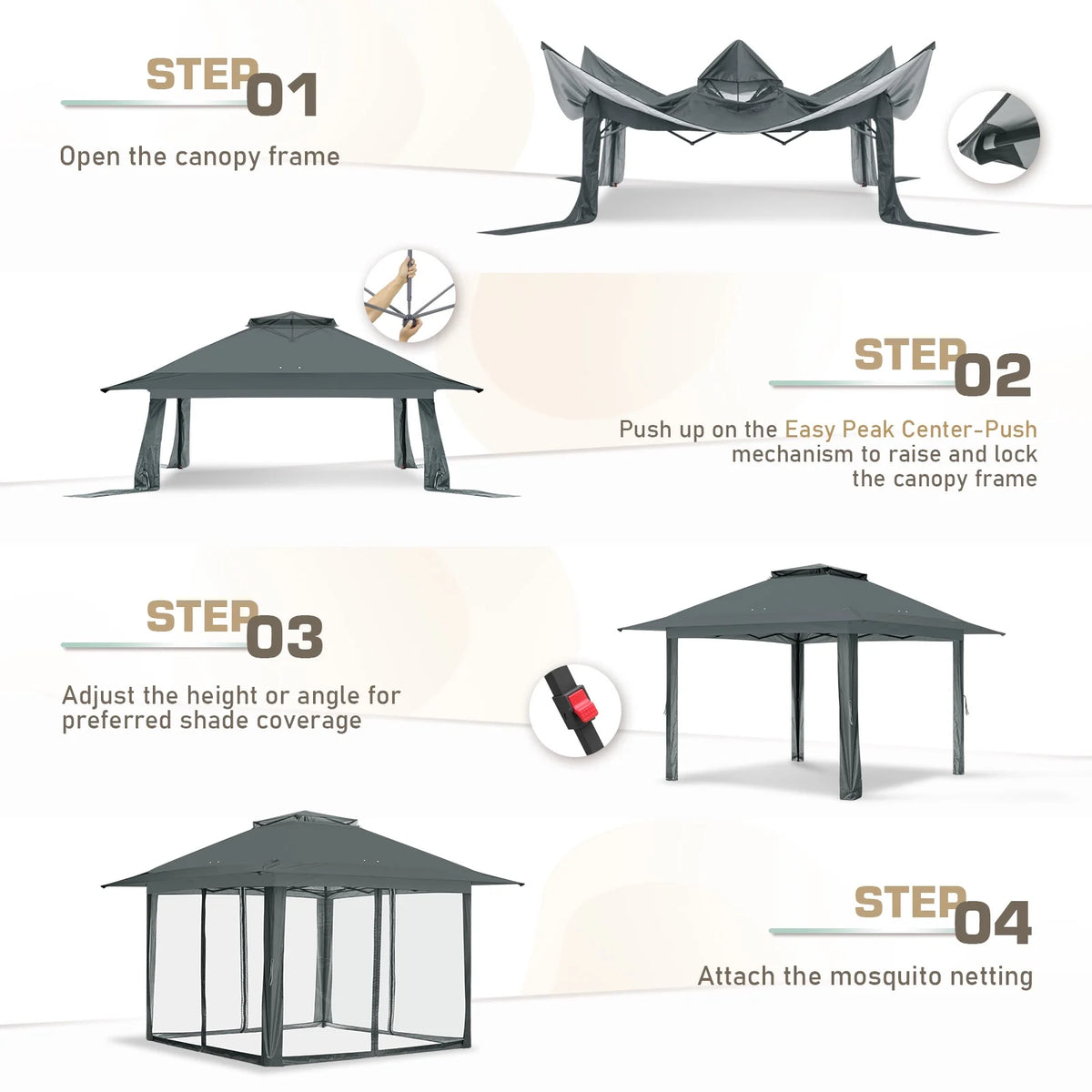 EAGLE PEAK 13' x 13' Pop-Up Gazebo Tent Instant w/Mosquito Netting，Outdoor Gazebo Canopy Easy Set-up Folding Shelter (Beige/Brown)