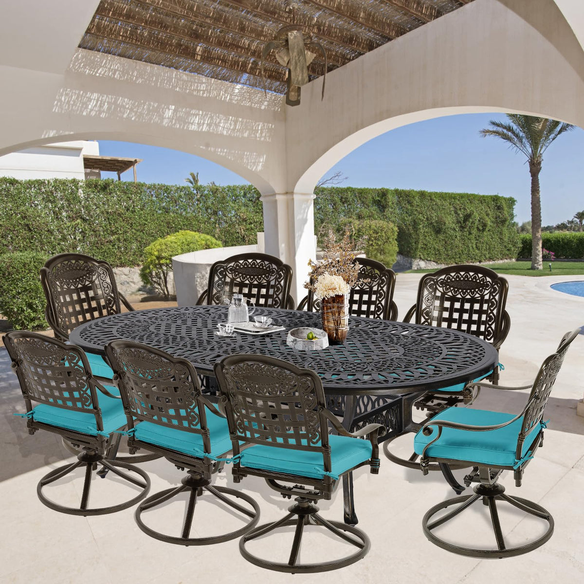 9-Piece Patio Cast Aluminum Dining Set, 8 Person Outdoor Dining Furniture Set, includes 84" Oval Table and 8 Swivel Dining Chairs with Umbrella Hole for Patio Deck Garden, Tan