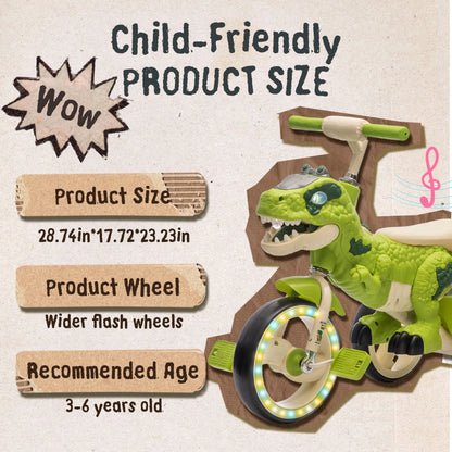 Xuanlur Kids Ride on Dinosaur Tricycle, Toddlers Kid Trike with Wide Flash Wheels, Anti-Slip Pedals, Rear Basket, Music & LED Lights, Toddler Bike Toys Gift for 3-6 Year Old Boys & Girls (Green)