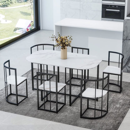 7-Piece Dining Table Set with 6Stools - Industrial Compact Kitchen Table & Chairs Sets, Space-Saving Design for Apartment, Small Space, Breakfast Nook