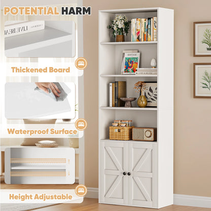 Furmax 1 Piece 4-Shelf Farmhouse Bookcases 4-Tier Bookshelf with Adjustable Shelves&Doors,Storage Cabinet for Home Living room,Kitchen,Office,White