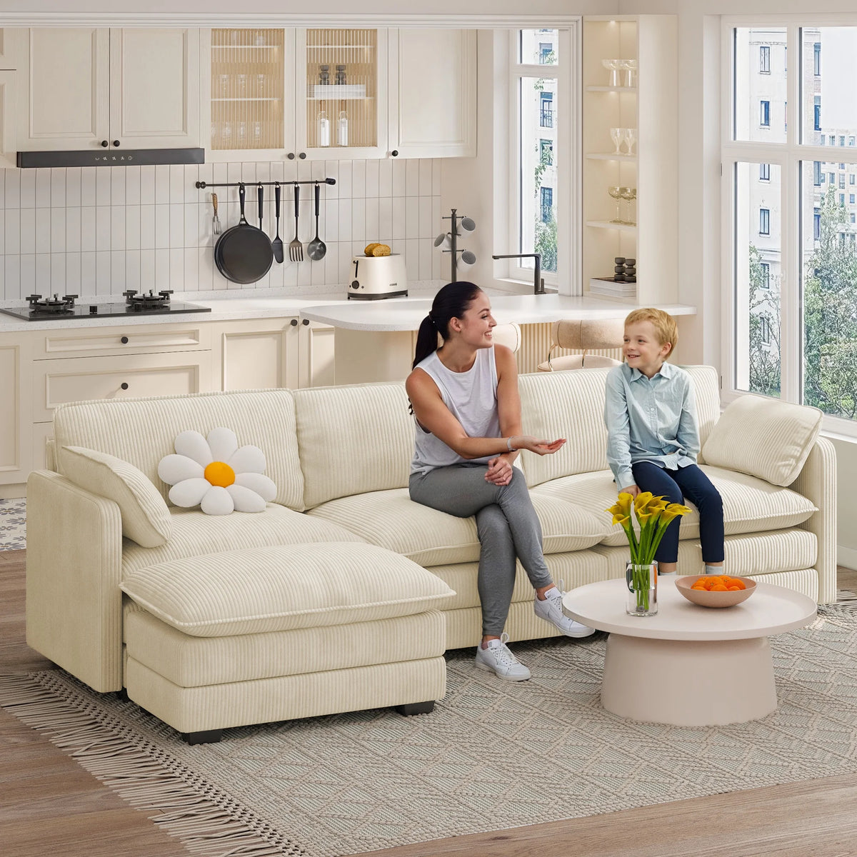 Lofka 110 Modular Sectional Sofa Bed with Double Layer Cushions and Movable Ottoman, Modern Comfy Cloud Couch for Living Room, DIY Combination, Green