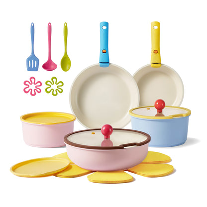 Carote 20 Pcs Ceramic Nonstick Cookware Set, Pots and Pans Set with Detachable Handles, Oven/Dishwasher Safe, Stackable Kitchen Cooking Set, Colorful