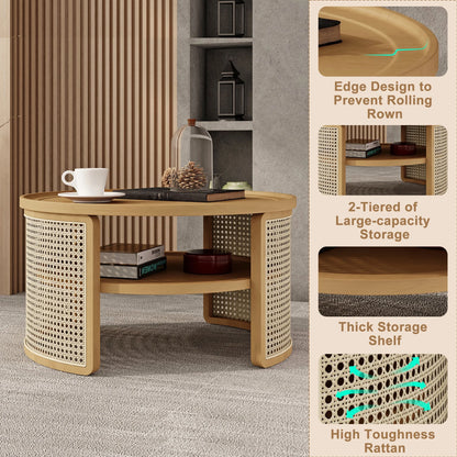 Harper & Bright Designs Rattan Round Coffee Table with Storage Shelf, Round Cane Wood Center Table for Living Room, 37'' Brown