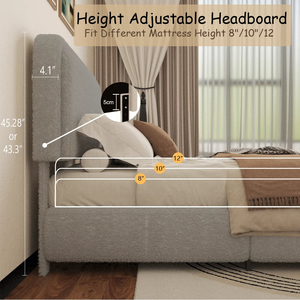 VIPLOV King Size Boucle Bed Frame, Cloud Upholstered Platform Bed with Height Adjustable Headboard & Soft Rounded Corners, No Noise Free, Easy Assembly,Beige