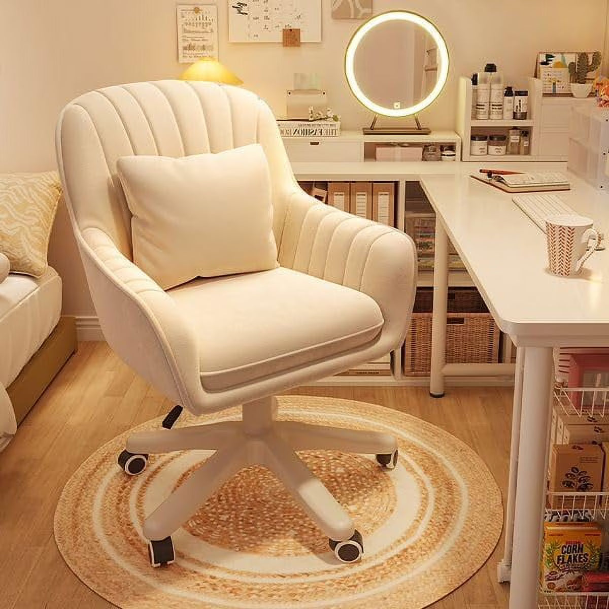 Home Office Chair Computer Chair with Mid-Back Upholstered Modern Tufted Computer Task Chair Swivel Height Adjustable Velvet Accent Chair. White