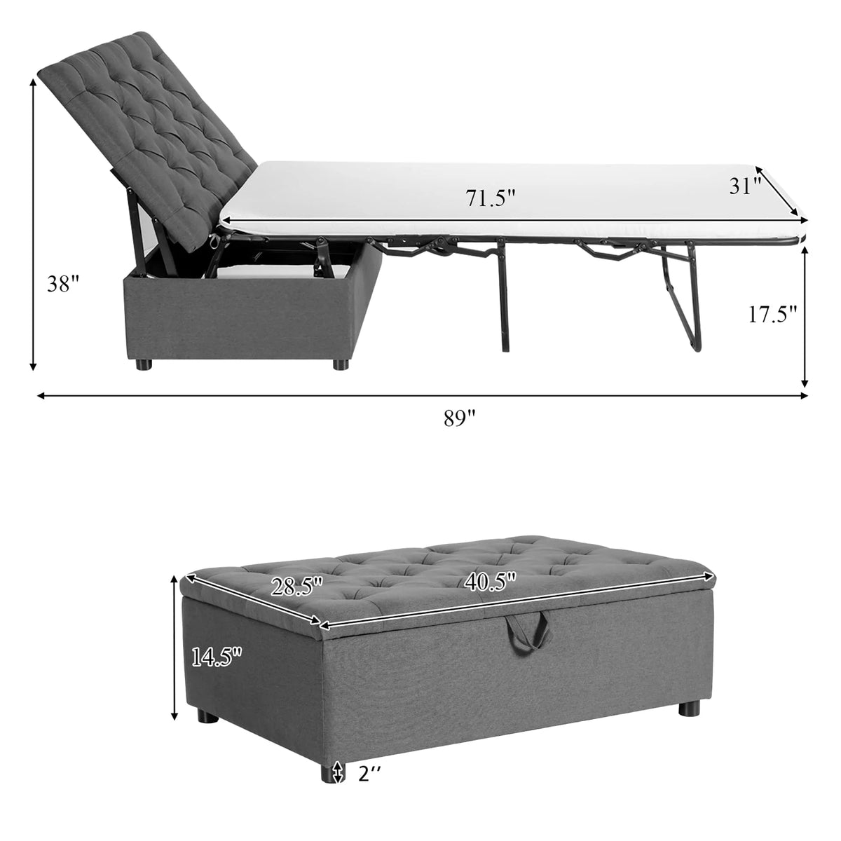 Costway Folding Ottoman Sleeper Bed with Mattress Convertible Guest Bed Grey