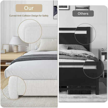 4 EVER WINNER Twin Size Bed Frame, Modern Bed Frame with Headboard, Boucle Fabric Upholstered Bed Frame, Soft Curved Headboard, Cream