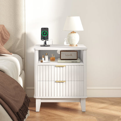 Night Stand with Charger Station, Fluted Nightstand with 2 Drawers and Storage Shelf, Mid Century Modern End Table for Bedroom Living Room,Natural