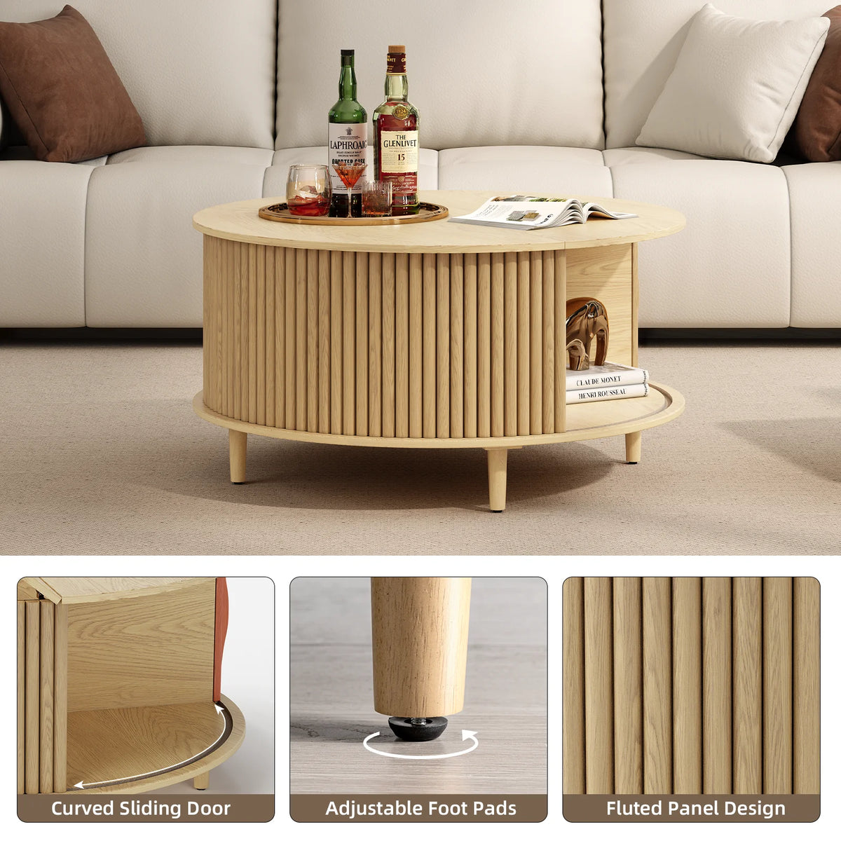 JOINICE Round Coffee Table with Storage and Sliding Door,Mid Century Modern Wooden Center Table,for Living Room,Walnut