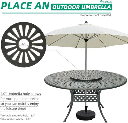VIVIJASON Outdoor 61" Patio Dining Table for 6-8 Person, Large Patio Round Dining Table with 24" Lazy Susan, Dark Bronze Cast Aluminum Rustic Patio Table W/Umbrella Hole for Balcony, Porch and Deck