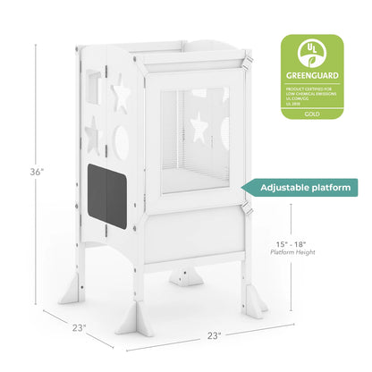 Guidecraft Classic Kitchen Helper Kids' Step Stool - Natural: Foldable and Adjustable Wooden Toddler Tower for Learning with Keeper