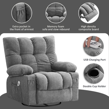JONPONY Manual Recliner Chair with Heat Therapy and Massage Function, Heavy Duty Reclining Mechanism Massage Chair, Elderly Single Rocker Sofa with Cup Holders for Bedroom Home Theater,Grey