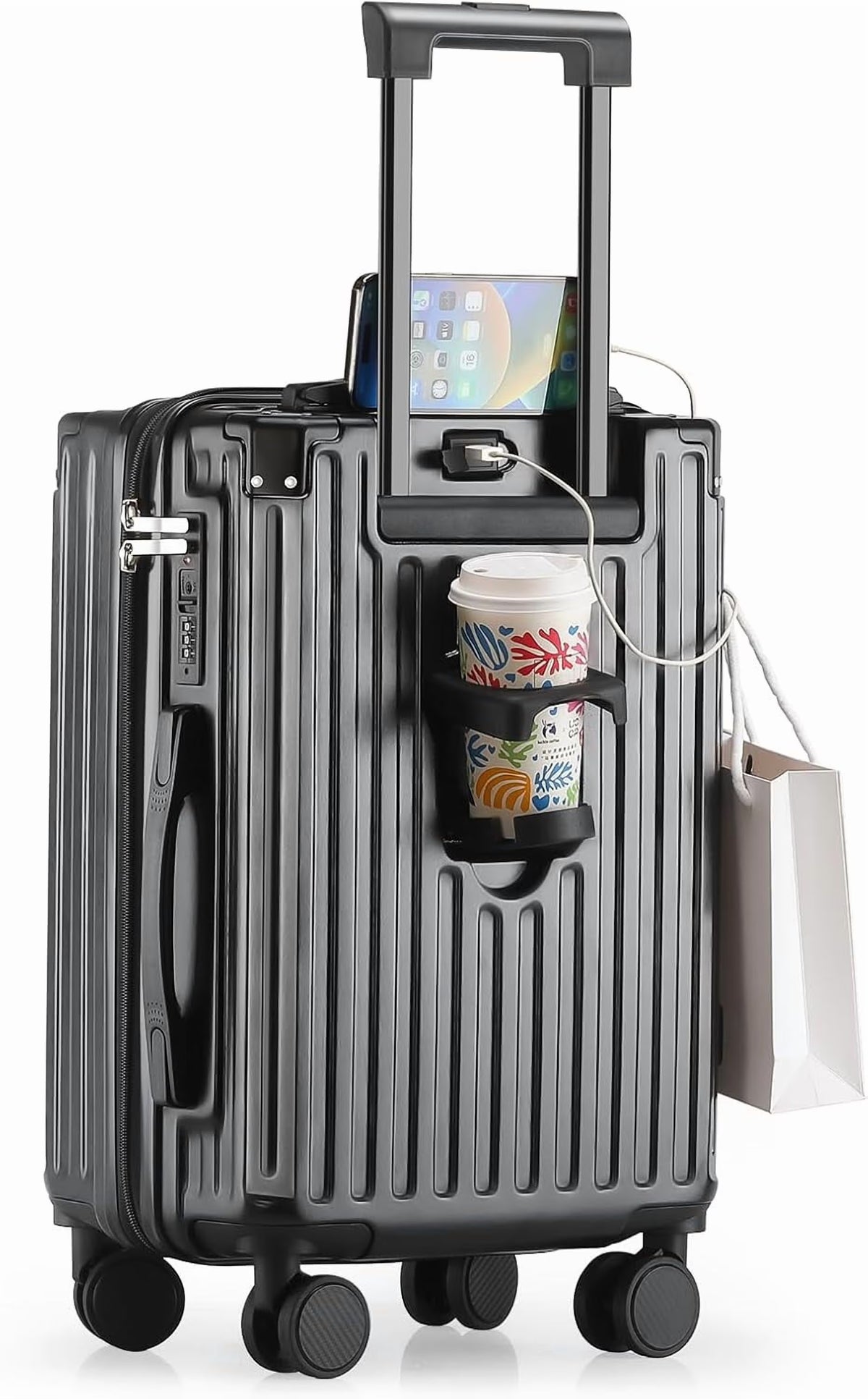 20 Inch Carry On Luggage With Cup Holder & USB Port, Airline Approved TSA-locked Luggage, Lightweight PC Material Travel Suitcase With 360 Spinner Wheel