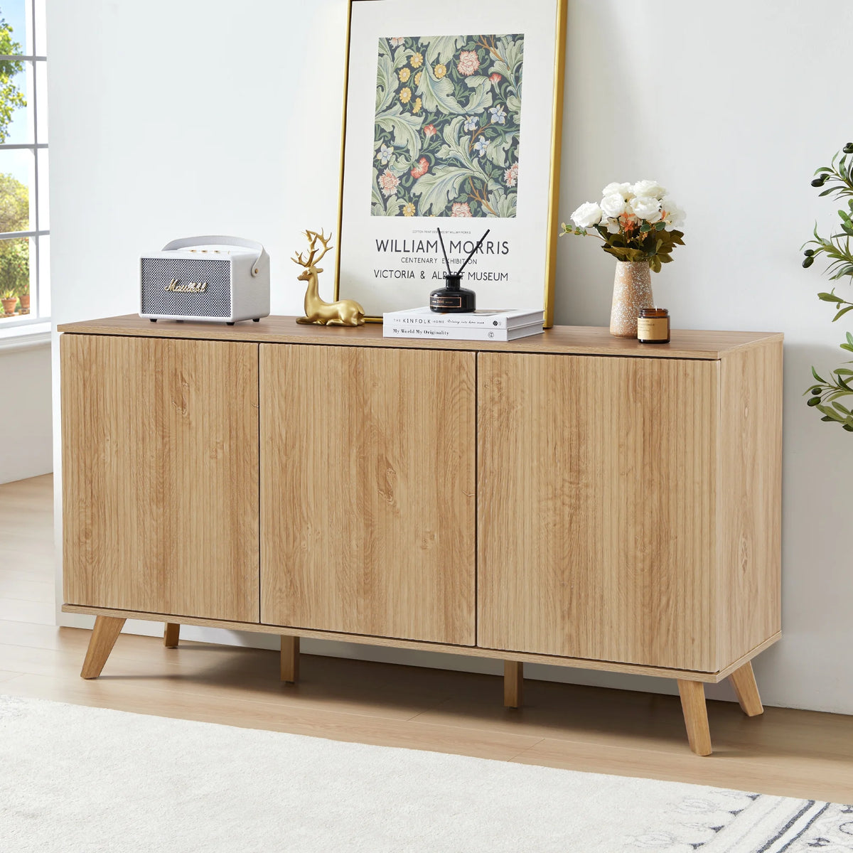 Wirrytor Sideboard Storage Cabinet with Doors and Shelves, Buffet Cabinet with Storage, Credenza Storage Cabinet for Kitchen, Wooden Fluted Cabinet, Under TV Cabinet with Storage - Black