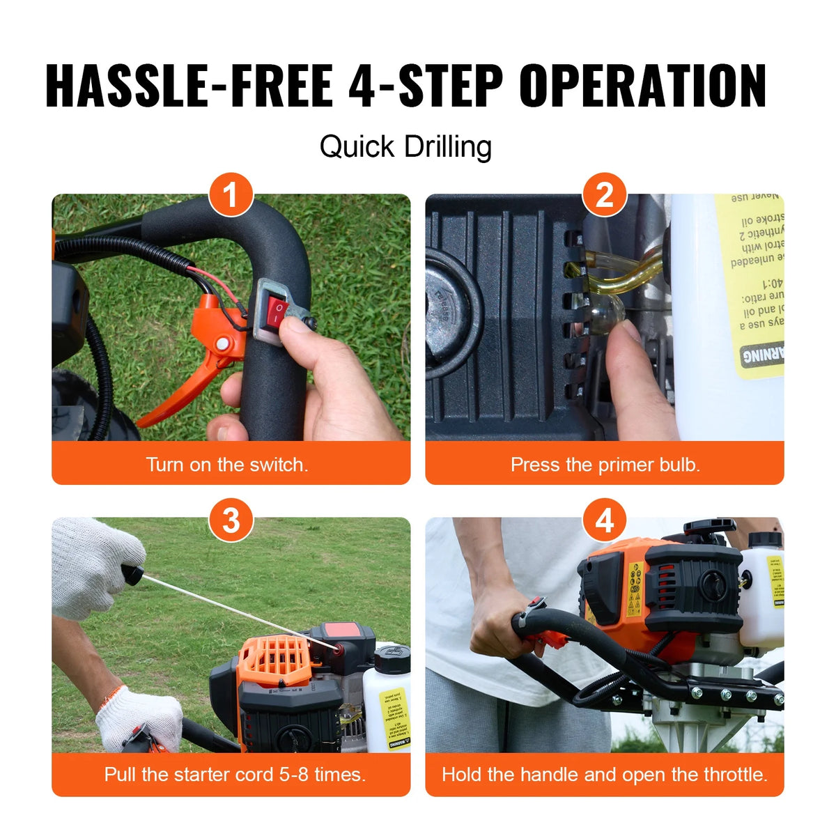 KFFKFF Gas Earth Auger, 52CC 1450W, includes 8 Drill Bit & Extension Rod, Ideal for Garden, Farmland Fence Installation, Orange & Black