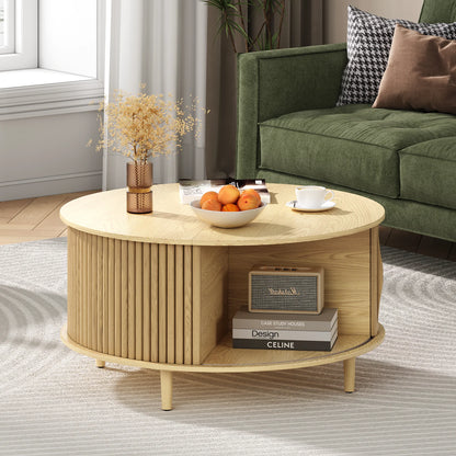 JOINICE Round Coffee Table with Storage and Sliding Door,Mid Century Modern Wooden Center Table,for Living Room,Walnut