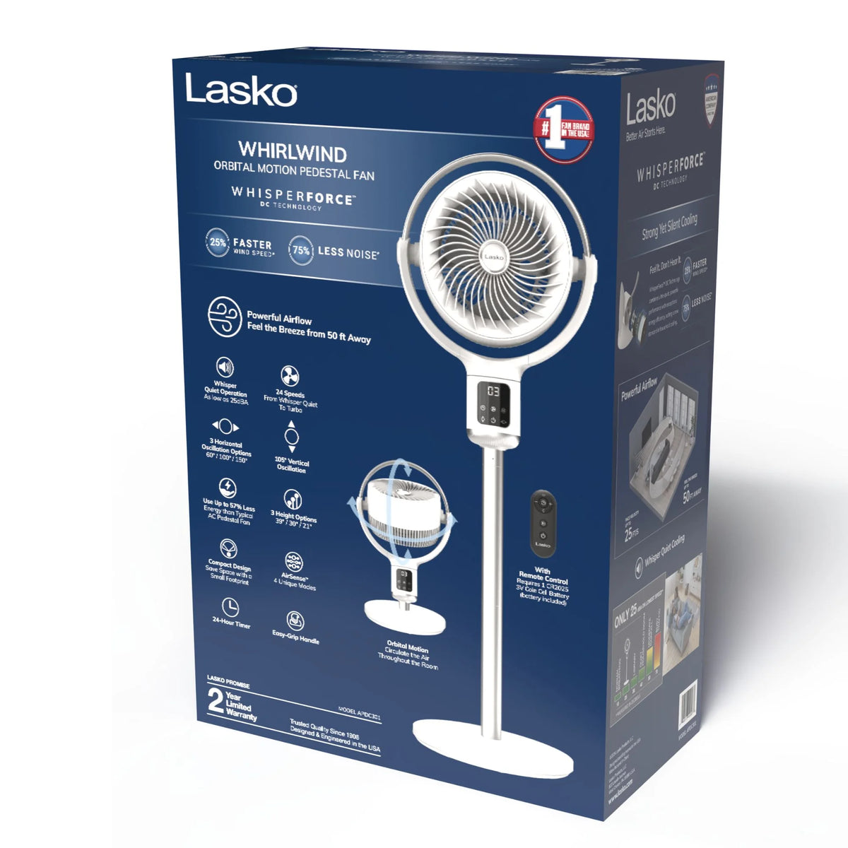 Lasko Whirlwind 7 24-Speed Orbital Motion 25ft/s Airflow Remote Control Pedestal Fan, APDC301