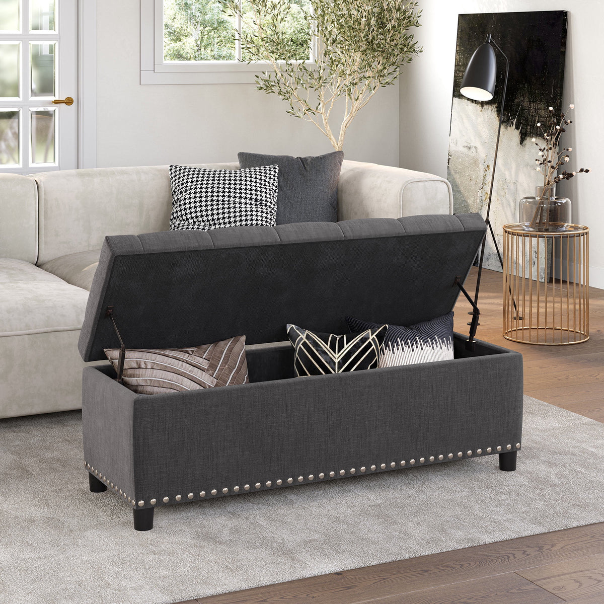BELLEZE Button-Tufted Faux Leather Storage Ottoman Bench - Brentwood (Dark Brown)
