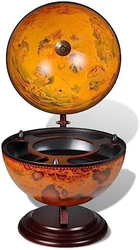 Green & Brown Tabletop Globe Wine Stand - Eucalyptus Wood with Antique Replica Frescoes and 16th  Nautical Maps - Assembly Required