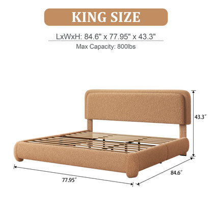 VIPLOV King Size Boucle Bed Frame, Cloud Upholstered Platform Bed with Height Adjustable Headboard & Soft Rounded Corners, No Noise Free, Easy Assembly,Beige