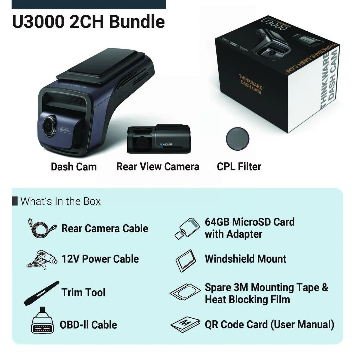 THINKWARE U3000 4K UHD Dual-Channel Dash Cam with Sony STARVIS 2.0, 64GB and OBD