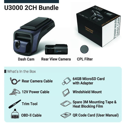 THINKWARE U3000 4K UHD Dual-Channel Dash Cam with Sony STARVIS 2.0, 64GB and OBD