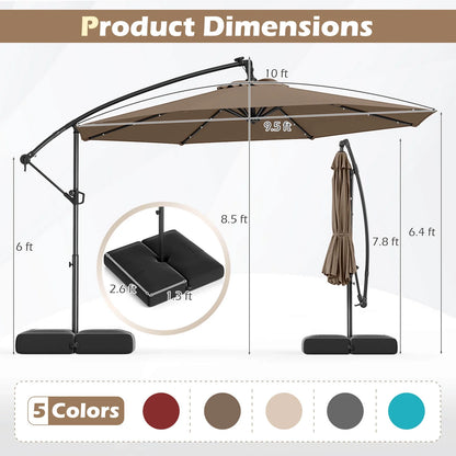Costway 10 FT Solar Offset Hanging Umbrella Patio Cantilever Umbrella with 32 LED Lights Brown
