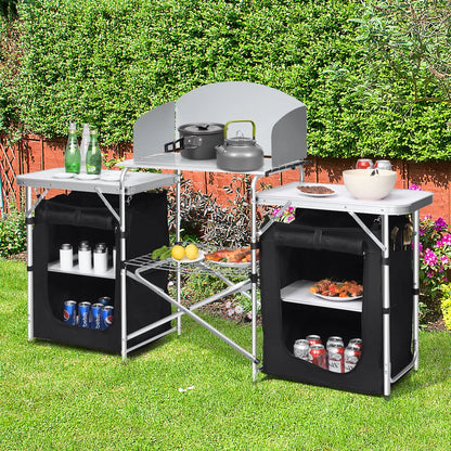 Goplus Folding Portable Aluminum Camping Grill Table w/ Storage Organizer Windscreen Black