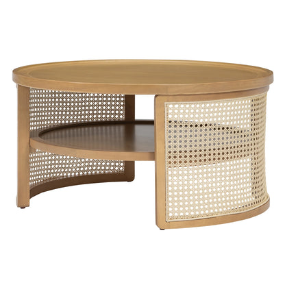 Harper & Bright Designs Rattan Round Coffee Table with Storage Shelf, Round Cane Wood Center Table for Living Room, 37'' Brown