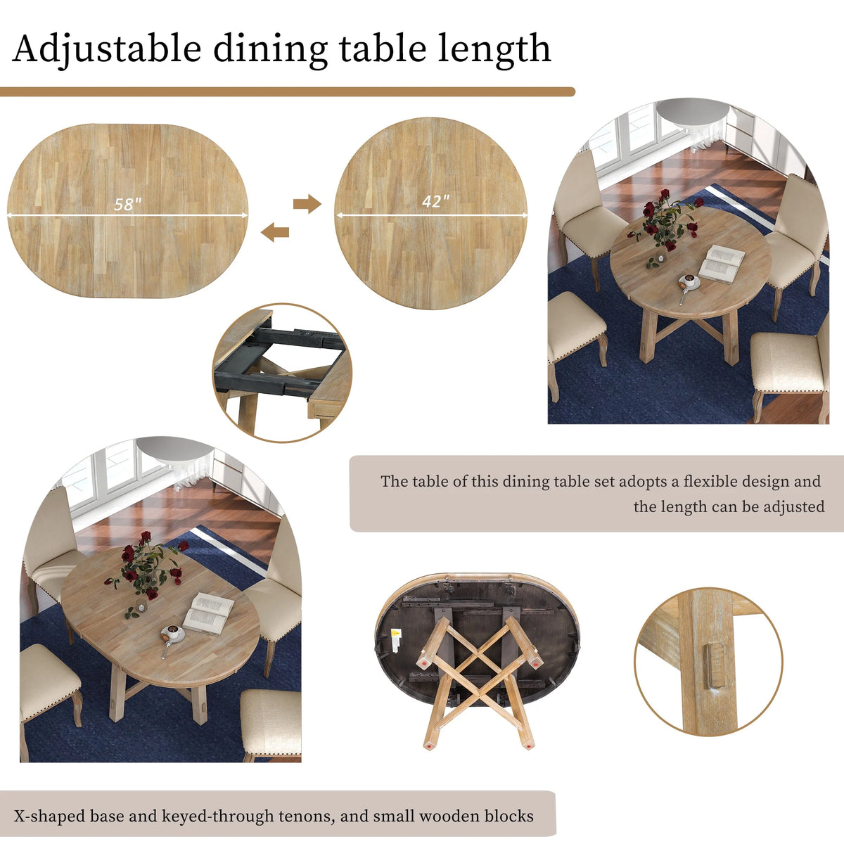 Bellemave 5-Piece Round Dining Table Set, Wood Farmhouse Extendable Dining Table and 4 Upholstered Dining Chairs, Kitchen Dining Table Set for 4 Antique White