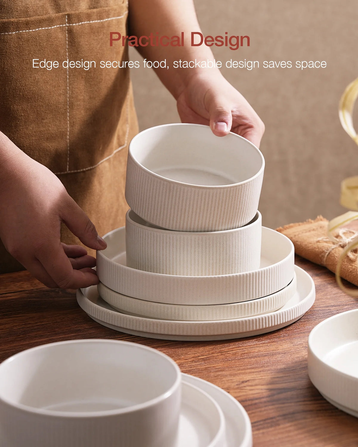 Famiware Star Stoneware Dinnerware Sets, Plates and Bowls Set for 4, 12 Piece Dish Set, Cappuccino White