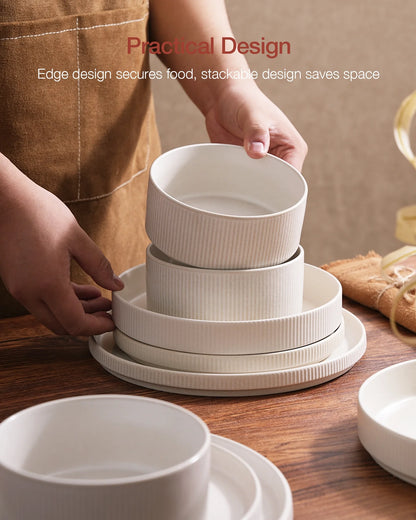 Famiware Star Stoneware Dinnerware Sets, Plates and Bowls Set for 4, 12 Piece Dish Set, Cappuccino White