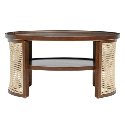 Harper & Bright Designs Rattan Round Coffee Table with Storage Shelf, Round Cane Wood Center Table for Living Room, 37'' Brown