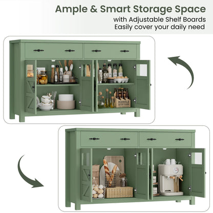 Homfa Farmhouse 55.1"WKitchen Buffet Cabinet with Storage Drawer & Adjustable Shelf, Glass Door Wood Sideboard Credenza Coffee Bar with for Dining Room Living Room, White & Black