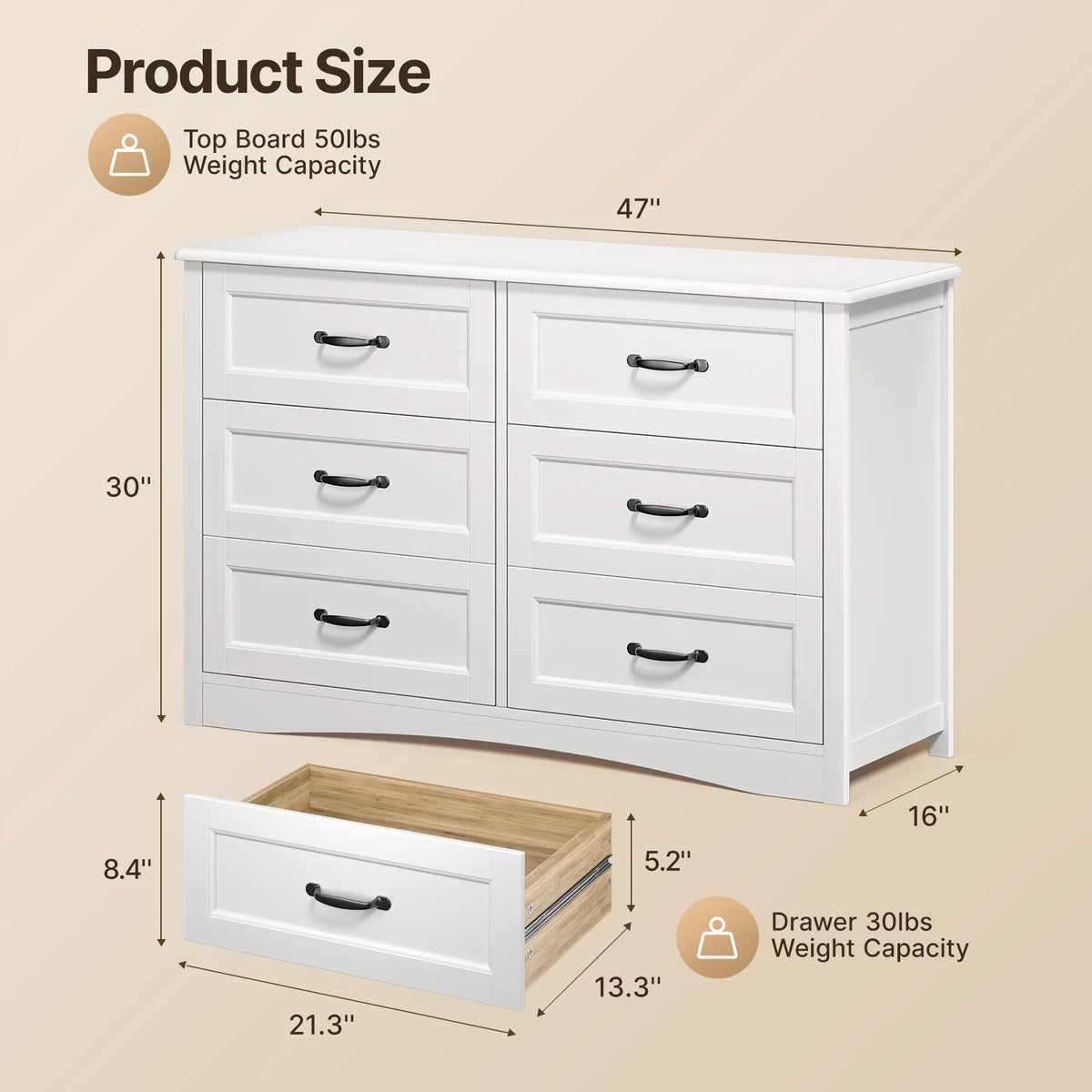 Lofka 3 Piece Nightstands and Dressers Sets , 6 Drawer Dresser & 4 Drawers Nightstand set of 2,Modern Engineered Wood ,White